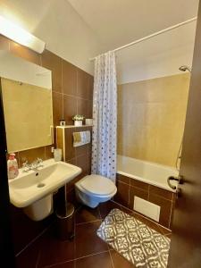 班斯科Pirin Golf Lake House的浴室配有盥洗盆、卫生间和浴缸。