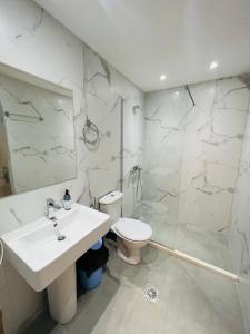 萨兰达Central Boutique Hostel的一间带水槽、卫生间和淋浴的浴室