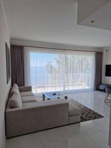 卡普戴尔Luxury 2-Bedroom Flat at the Seafront: Unforgettable Stay Near Monaco!的带沙发和大窗户的客厅