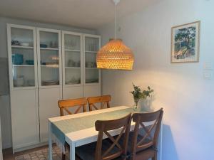 马特劳森蒂姆赖Lilakő Apartman的餐桌、椅子和灯具