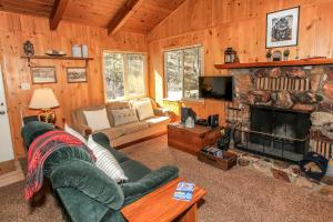 方斯金Owl Cabin - Sierra style cabin located on a quiet road in Fawnskin and backs up to National Forest!的带沙发和壁炉的客厅
