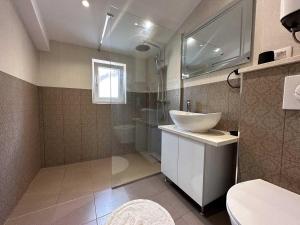 蒂瓦特Apartments Infinity的一间带水槽、卫生间和淋浴的浴室