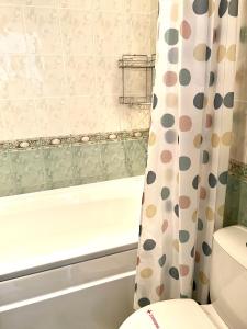 圣弗拉斯Apartment Marina beach k-s Triumph的带浴缸、卫生间和淋浴帘的浴室
