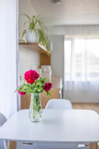 库雷萨雷Manni's house with garden & playground的花瓶,花朵红色,坐在桌子上