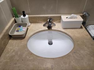 阿卜杜勒国王经济城Marina Deluxe 2, family only的浴室水槽配有餐具和肥皂分配器