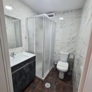埃斯平霍Casa de Férias_As Oliveiras I的带淋浴、卫生间和盥洗盆的浴室