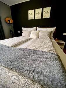 阿特湖畔翁特拉赫Apartment Ferienwohnung DAS UNTERACH am Attersee的一张带灰色棉被和枕头的床