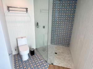 El PorvenirViñedo Casa la Noria的一间带卫生间和玻璃淋浴间的浴室
