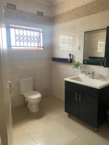 卢萨卡Samkab Legacy & comfort Ndeke (airport)的一间带卫生间和水槽的浴室