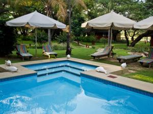 龙杜Gondwana Hakusembe River Lodge的一个带两把椅子和遮阳伞的游泳池
