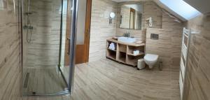 布拉索夫BELLESTAY的带淋浴、盥洗盆和卫生间的浴室