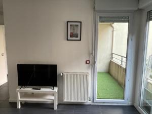 维勒班T5 4 chambres Gratte ciel, Villeurbanne, meublé的客厅设有壁挂式平面电视。