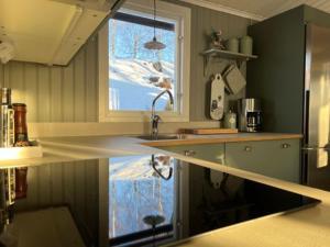 HedemoraSommarstuga med sjötomt och brygga的一个带水槽的厨房和一个雪窗