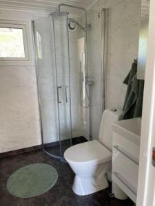 HedemoraSommarstuga med sjötomt och brygga的一间带卫生间和淋浴的小浴室