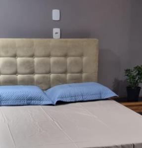佩洛塔斯Casa no Moradas的一间卧室配有一张带蓝色枕头的大床
