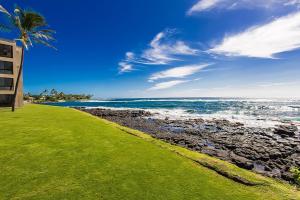 科洛阿Kuhio Shores 207的海滩上有一座建筑,棕榈树和大海