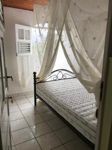 勒拉芒坦Le coin tranquille的窗户客房内的一张带天蓬的床