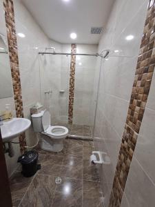 波哥大Makarena Hostel的浴室配有卫生间、淋浴和盥洗盆。