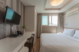 釜山Staywell Hotel的配有一张床和一台平面电视的酒店客房