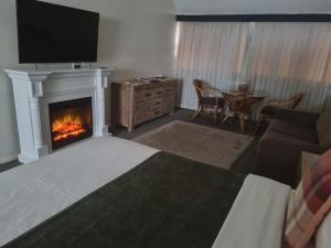 玛格丽特河玛格丽特里弗普里迪奥酒店的客厅设有壁炉和沙发。