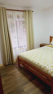 柯纳里佩Cabaña en Coñaripe Sector Termas Geométricas的一间卧室配有床和带窗帘的窗户