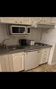 圣地亚哥Luigi's Apart Hotel的小厨房配有白色橱柜和微波炉