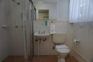 华纳海湾华纳湾酒店的浴室配有卫生间、盥洗盆和淋浴。