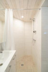 派德Posti studio apartment的带淋浴和盥洗盆的白色浴室