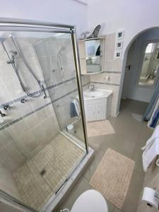 开普敦Audiophile Relax Hideaway on the Water的带淋浴、卫生间和盥洗盆的浴室