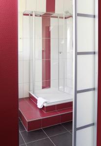 科布伦茨特里尔酒店的浴室铺有红色和白色瓷砖,设有淋浴。