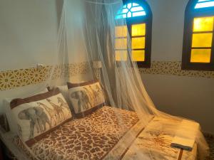 迈尔提勒Riad Salt River的一间卧室配有一张带蚊帐的床