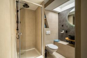 SchoorldamHof van Schoorl的一间带卫生间和玻璃淋浴间的浴室