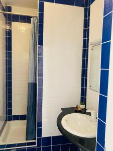 苏佩塔尔Karina Apartments的蓝色和白色的浴室设有水槽和浴缸。