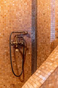 菲罗斯特法尼Vacay Suites的带淋浴的浴室(带瓷砖墙)