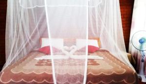 埃拉Rokkyhill的一张带白色窗帘和红色枕头的床
