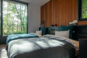 轻井泽La Maison Karuizawa的卧室设有两张床,带窗户