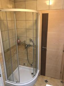 PrevaljeGuest House Hober的浴室里设有玻璃门淋浴