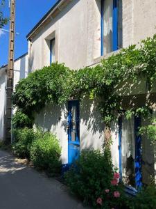 和尚岛Petite maison de pêcheur的一座有蓝色门和一些植物的建筑