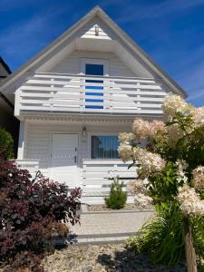 达洛科Domki OLIVIA的白色的房子,拥有蓝色的窗户和鲜花