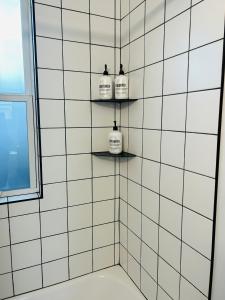 博伊西North End Bungalow 1921 Half的浴室的墙上有三瓶货架