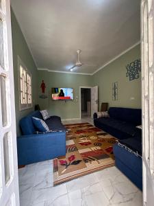 赫尔格达Skylen Hostel的客厅配有蓝色的沙发和地毯。