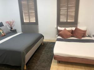 巴塞罗那Barcelona Chic Apartments- Free Parking-10 min by metro from BCN Center的一间卧室设有两张床和两个窗户。