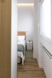 马德里Acogedor y conveniente piso reformado en Salamanca的一间卧室设有一张床、一个窗口和一面镜子