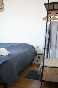 斯哈亨Gastenverblijf Janssen in Schagen (NH)的一间卧室设有一张床、梯子和一张桌子