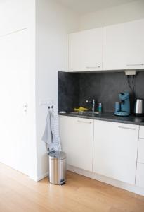 斯哈亨Gastenverblijf Janssen in Schagen (NH)的厨房配有白色橱柜和垃圾桶