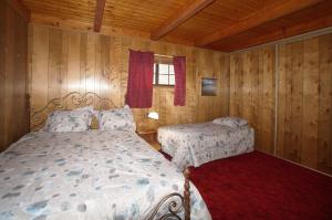 方斯金Canyon Cabin - A quaint cabin in a peaceful location yet close to Big Bear's attractions!的一间带两张床铺的卧室,位于带木墙的房间内