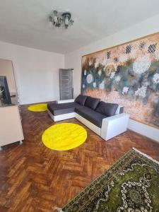 彼得罗沙尼Mural Art Apartament的带沙发和黄色地毯的客厅