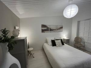 尚尼耶Gîte aux portes d'Angoulême的白色卧室配有一张床和吊灯