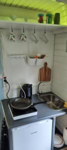 Pipowagen的厨房配有水槽和炉灶上的煎锅