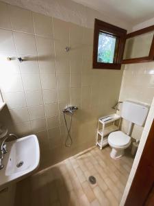 梅加利阿莫斯Spitaki Guest House的带淋浴、卫生间和盥洗盆的浴室